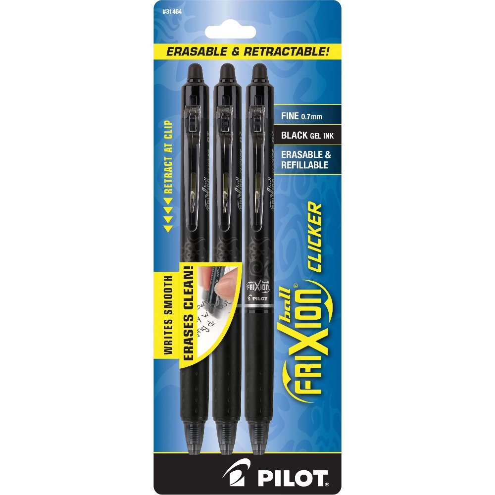 Pilot Pen Frixion - パイロット フリクション クリッカー 消せるゲルペン、細字、黒インク、3本入り