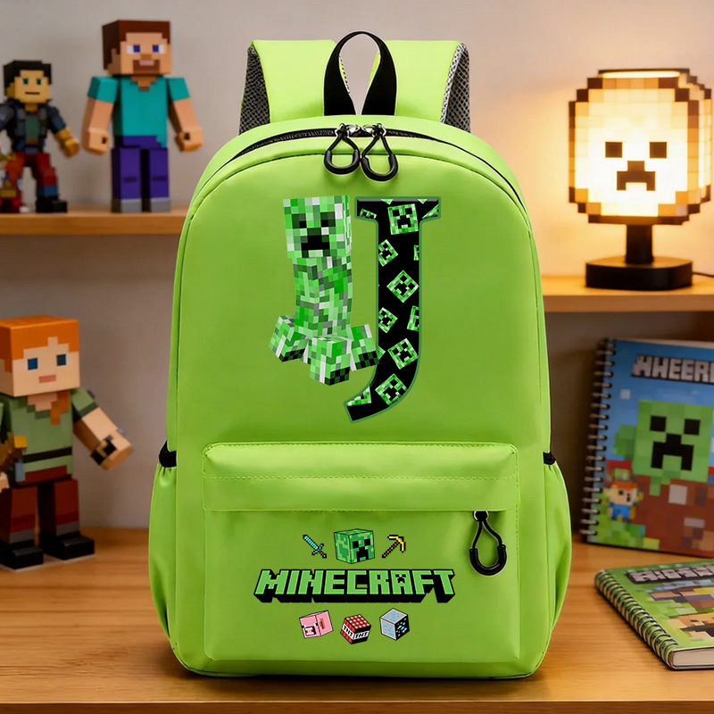 Art Craft Bag - マイナーキャラクターピクセル小学校バッググリーンレターA-Z学生バックパックホットゲームフィギュアプリントスクールバッグ漫画誕生日プレゼント