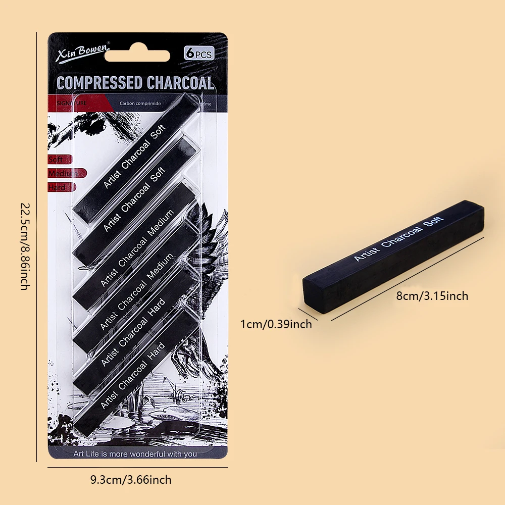 Sketching Charcoal Set - ソフトミディアムハードチャコールバーセット、アーティスト、学生、スケッチ図面、画材、6個用の圧縮チャコールスティック