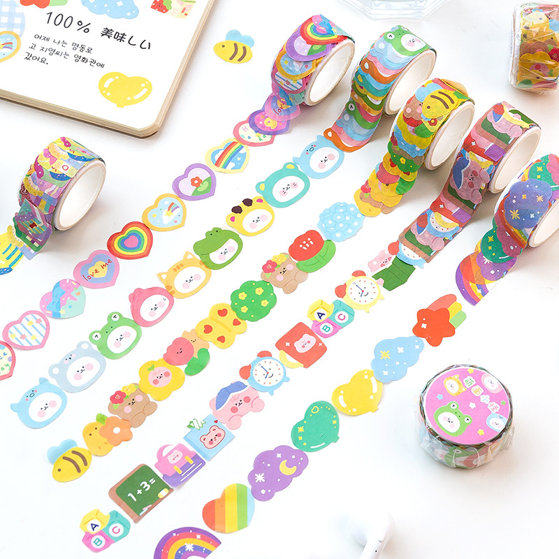 Washi Tape Rolls - 1ロールの超かわいいダイカットコラージュテープ、素敵な漫画要素をあしらった和紙テープ、ジャーナルスクラップブッキングクラフト用DIY装飾テープ