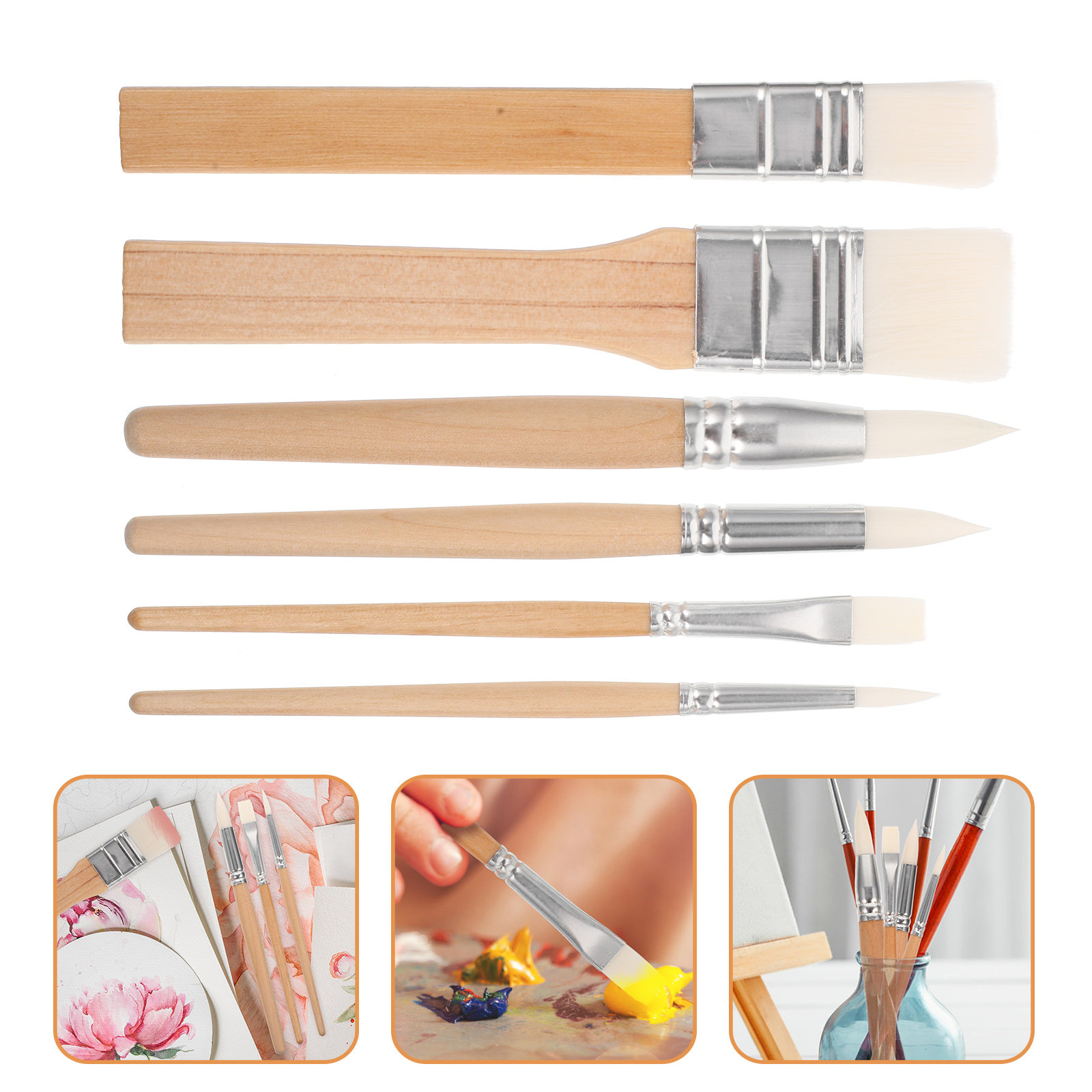 Art Craft Blend - 6本セット木製ハンドル絵筆セット、携帯用水彩油絵ガッシュブラシ、クラフト粘土のブレンディング、彫刻、描画アート用