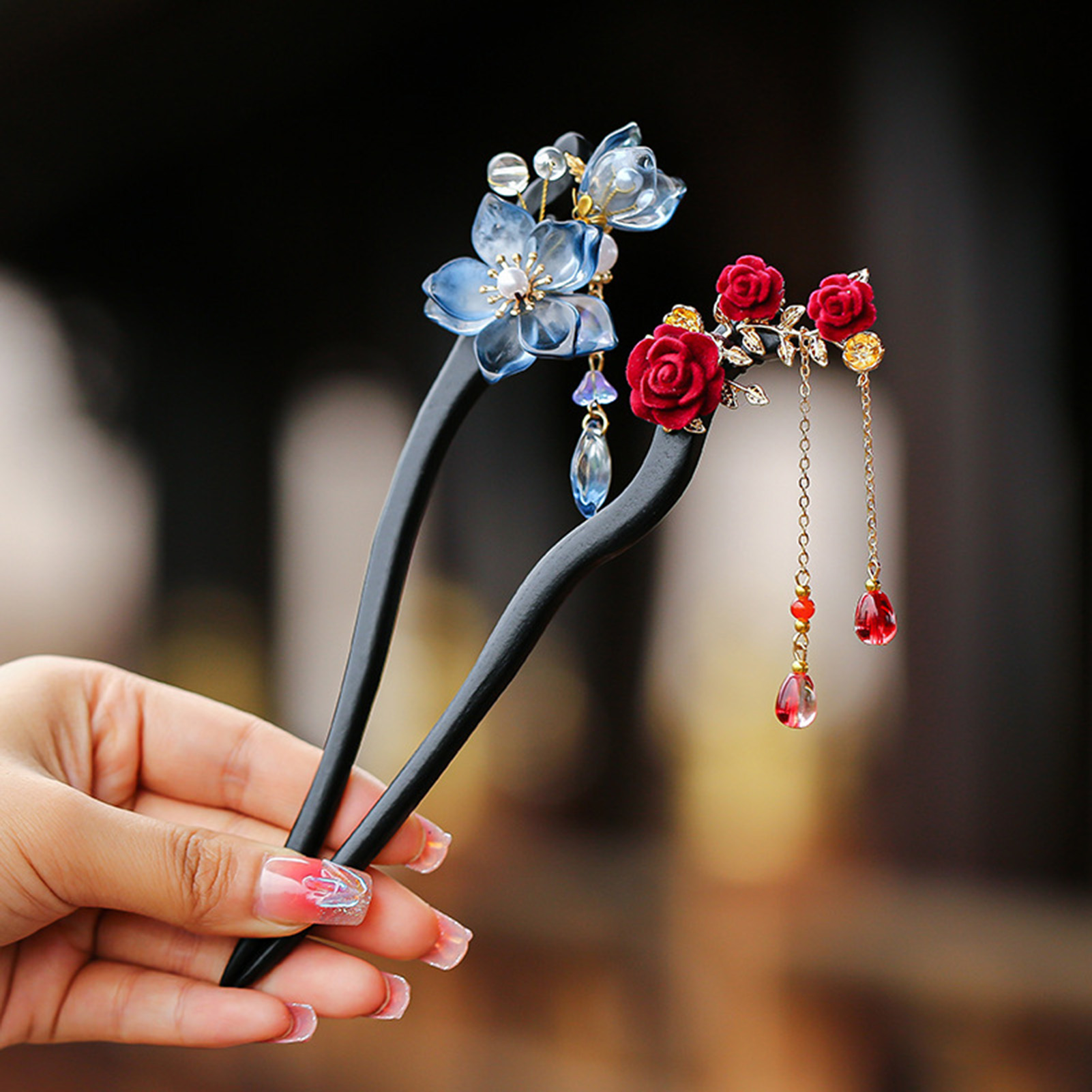 Art Craft Shop - 中国風の花のタッセルヘアピンヴィンテージ木製花柄パールヘアスティック絶妙なエレガントなヘアクリップ女の子のヘアアクセサリー