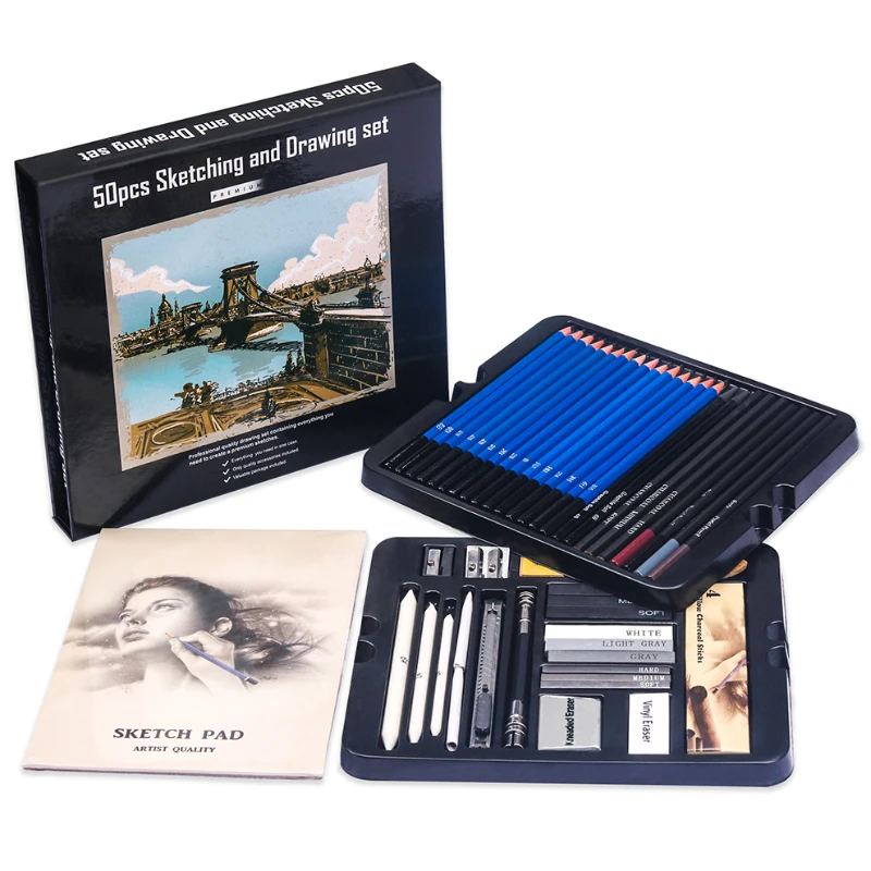 Sketching Charcoal Set - 50 個スケッチ鉛筆セット木製鉛筆アーティスト初心者プロの描画グラファイト木炭鉛筆消しゴムスケッチキット