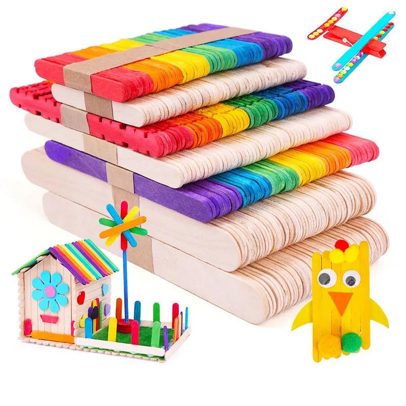 Art Craft With Ice Cream Stick - 50 個木製アイスキャンデースティック天然木アイスクリームスティッククリエイティブキッズパズル DIY ハンドクラフトアートアイスクリームロリーケーキツール