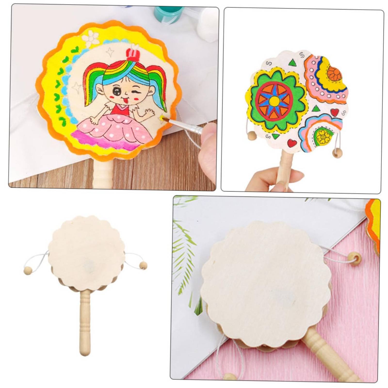 Art Craft Workshop - DIY木製ガラガラドラム 平らな表面のハンドル付き 未完成の木製ガラガラドラム 子供用クラフト用品 幼児向け、アートワークショップ