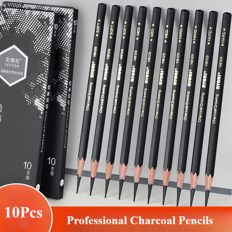 Sketching Charcoal Set - プロフェッショナル木炭鉛筆描画セット - 10本 ソフト、ミディアム、ハード 描画、スケッチ、シェーディング、初心者アーティスト向け