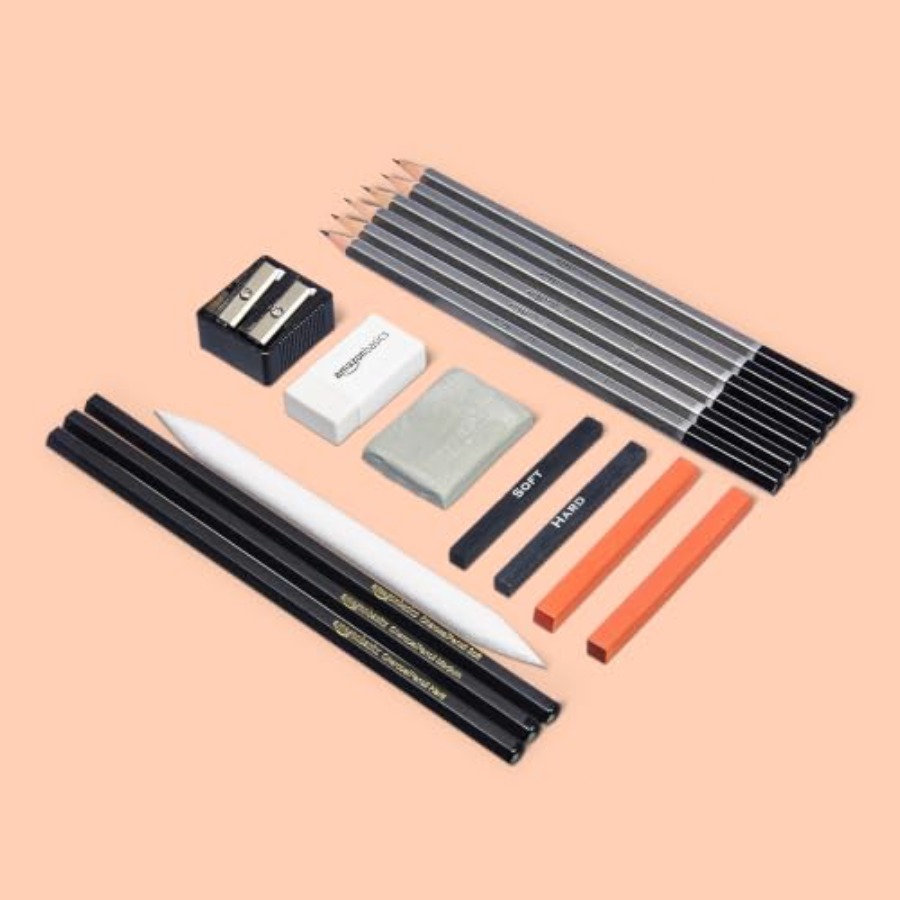 Sketching Charcoal Set - スケッチと描画用アート鉛筆キット、アーティスト向け17点セット、鉛筆、木炭、消しゴム、削り器付き描画用品