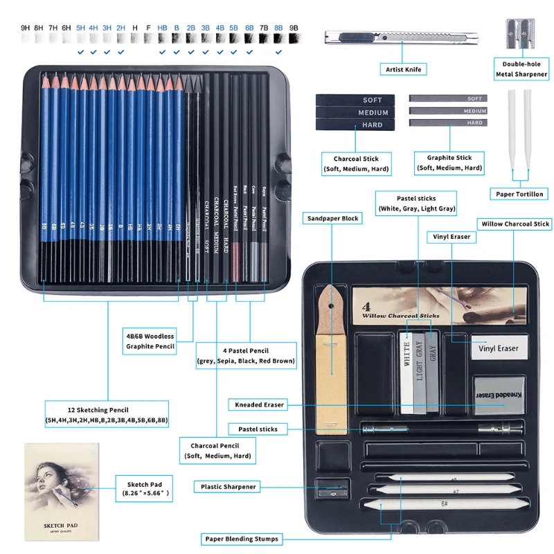 50 個スケッチ鉛筆セット木製鉛筆アーティスト初心者プロの描 - Sketching Charcoal Set のレビューと価格