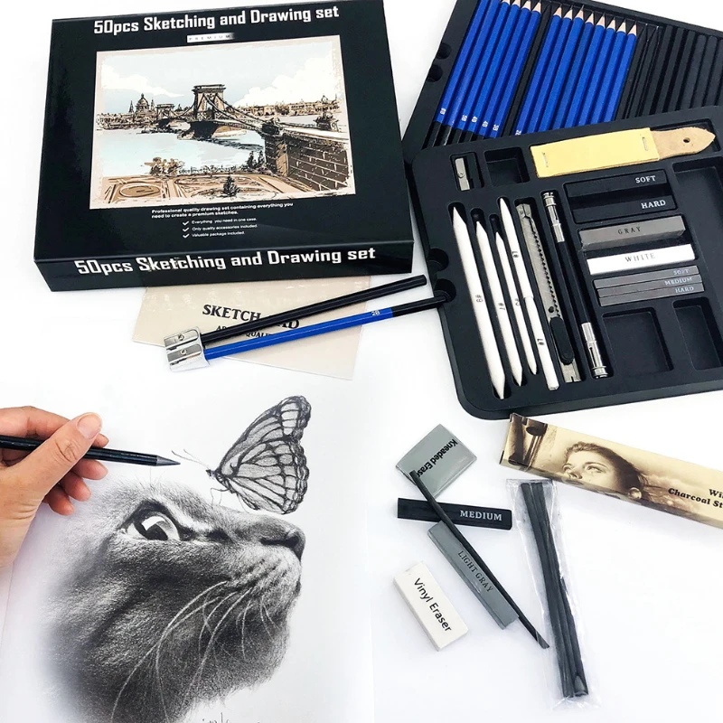 50 個スケッチ鉛筆セット木製鉛筆アーティスト初心者プロの描 - Sketching Charcoal Set のレビューと価格