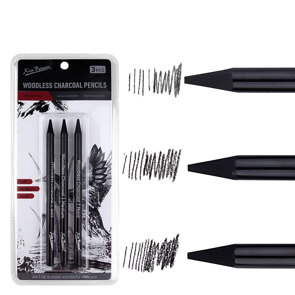 3 個ソフト/ミディアム/ハード木炭鉛筆セット描画鉛筆画材木 - Sketching Charcoal Set のレビューと価格